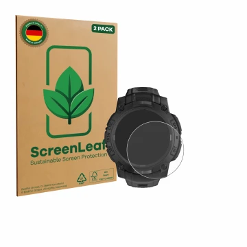 Vorderseite einer Produktverpackung mit dem Markenlogo ScreenLeaf. Daneben ist das Gerät Garmin Instinct 3 Solar Tactical Edit