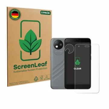Vorderseite einer Produktverpackung mit dem Markenlogo ScreenLeaf. Daneben ist das Gerät ZTE Blade A35 lite (Display+Kamera) m