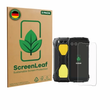 Vorderseite einer Produktverpackung mit dem Markenlogo ScreenLeaf. Daneben ist das Gerät Blackview BV7300 (Display+Kamera) mit