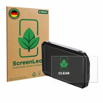 Vorderseite einer Produktverpackung mit dem Markenlogo ScreenLeaf. Daneben ist das Gerät Blackmagic Design Pyxis Monitor 5