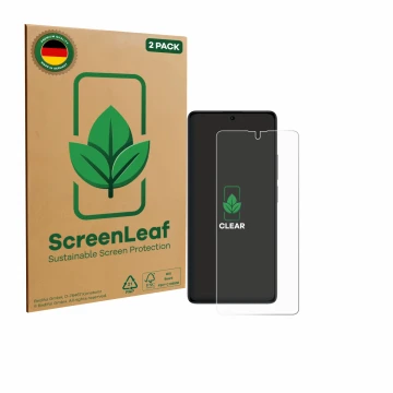 Vorderseite einer Produktverpackung mit dem Markenlogo ScreenLeaf. Daneben ist das Gerät Xiaomi Poco M6 Pro 4G mit dem zugehör