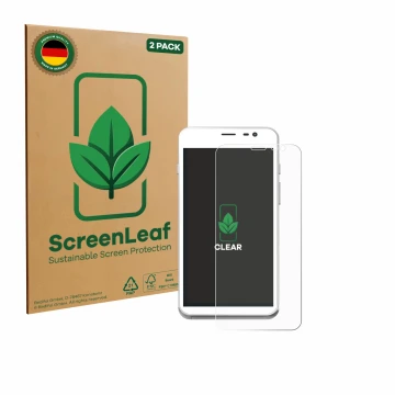 Vorderseite einer Produktverpackung mit dem Markenlogo ScreenLeaf. Daneben ist das Gerät Pax CCV Fly A77 mit dem zugehörigen D