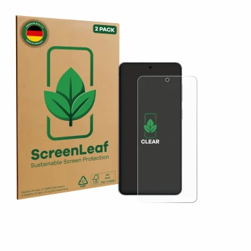 Vorderseite einer Produktverpackung mit dem Markenlogo ScreenLeaf. Daneben ist das Gerät Samsung Galaxy S25 Edge mit dem zugeh