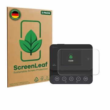 Vorderseite einer Produktverpackung mit dem Markenlogo ScreenLeaf. Daneben ist das Gerät ISDT K2Zip mit dem zugehörigen Displa