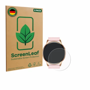Vorderseite einer Produktverpackung mit dem Markenlogo ScreenLeaf. Daneben ist das Gerät Maoo VT.11 mit dem zugehörigen Displa