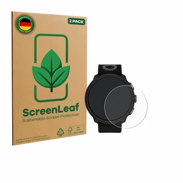Vorderseite einer Produktverpackung mit dem Markenlogo ScreenLeaf. Daneben ist das Gerät Suunto Run mit dem zugehörigen Displa