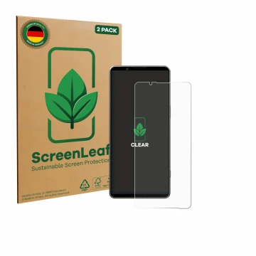 Vorderseite einer Produktverpackung mit dem Markenlogo ScreenLeaf. Daneben ist das Gerät Sony Xperia 1 VII mit dem zugehörigen