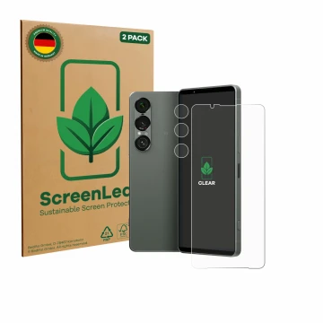 Vorderseite einer Produktverpackung mit dem Markenlogo ScreenLeaf. Daneben ist das Gerät Sony Xperia 1 VII (Display+Kamera) mi