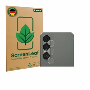 Vorderseite einer Produktverpackung mit dem Markenlogo ScreenLeaf. Daneben ist das Gerät Sony Xperia 1 VII (NUR Kameraschutz) 