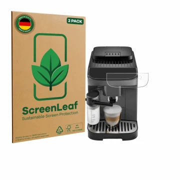 Vorderseite einer Produktverpackung mit dem Markenlogo ScreenLeaf. Daneben ist das Gerät DeLonghi Magnifica Evo mit dem zugehö