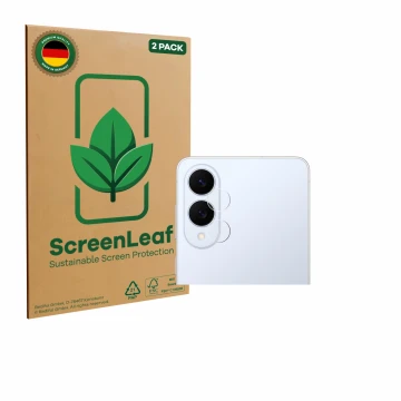 Vorderseite einer Produktverpackung mit dem Markenlogo ScreenLeaf. Daneben ist das Gerät Samsung Galaxy S25 Edge (NUR Kamerasc