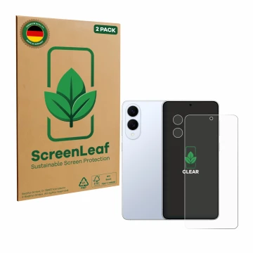 Vorderseite einer Produktverpackung mit dem Markenlogo ScreenLeaf. Daneben ist das Gerät Samsung Galaxy S25 Edge (Display+Kame