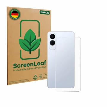 Vorderseite einer Produktverpackung mit dem Markenlogo ScreenLeaf. Daneben ist das Gerät Samsung Galaxy S25 Edge (Rückseite) m