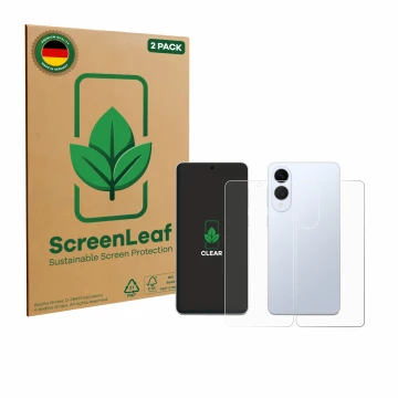 Vorderseite einer Produktverpackung mit dem Markenlogo ScreenLeaf. Daneben ist das Gerät Samsung Galaxy S25 Edge (Display+Rück