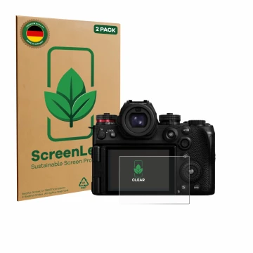 Vorderseite einer Produktverpackung mit dem Markenlogo ScreenLeaf. Daneben ist das Gerät Panasonic Lumix DC-S1II mit dem zugeh