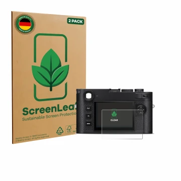 Vorderseite einer Produktverpackung mit dem Markenlogo ScreenLeaf. Daneben ist das Gerät Leica M11-P Safari mit dem zugehörige