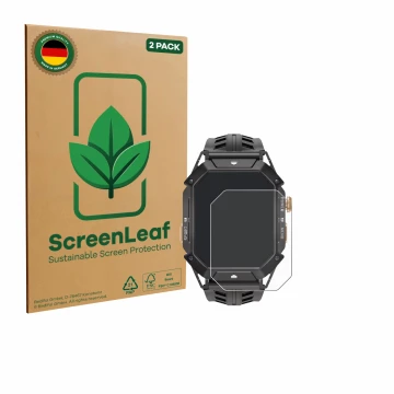Vorderseite einer Produktverpackung mit dem Markenlogo ScreenLeaf. Daneben ist das Gerät Oukitel BT80 mit dem zugehörigen Disp