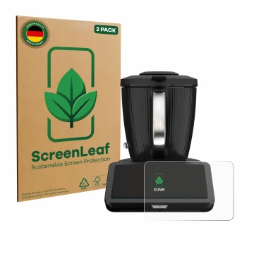 Vorderseite einer Produktverpackung mit dem Markenlogo ScreenLeaf. Daneben ist das Gerät Vorwerk Bimby TM7 mit dem zugehörigen
