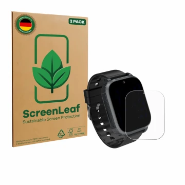 Vorderseite einer Produktverpackung mit dem Markenlogo ScreenLeaf. Daneben ist das Gerät Kesasohe 4G Kids Smartwatch mit dem z