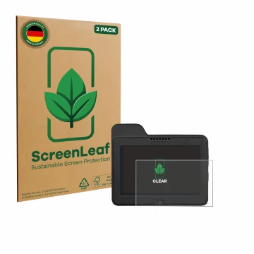 Vorderseite einer Produktverpackung mit dem Markenlogo ScreenLeaf. Daneben ist das Gerät Naviter Omni mit dem zugehörigen Disp
