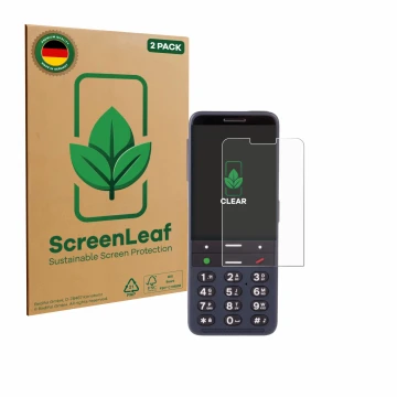 Vorderseite einer Produktverpackung mit dem Markenlogo ScreenLeaf. Daneben ist das Gerät BlindShell Classic 3 mit dem zugehöri