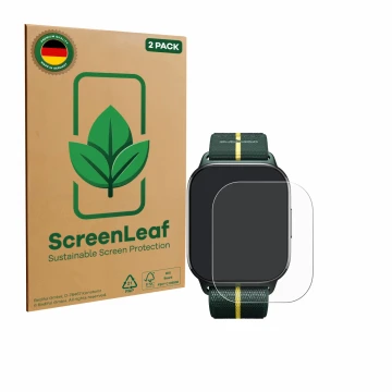 Vorderseite einer Produktverpackung mit dem Markenlogo ScreenLeaf. Daneben ist das Gerät Motorola Moto watch fit mit dem zugeh