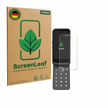Vorderseite einer Produktverpackung mit dem Markenlogo ScreenLeaf. Daneben ist das Gerät Doro Aurora A20 mit dem zugehörigen D