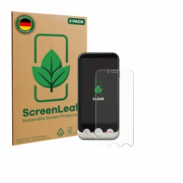 Vorderseite einer Produktverpackung mit dem Markenlogo ScreenLeaf. Daneben ist das Gerät Doro Aurora A10 mit dem zugehörigen D