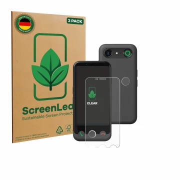 Vorderseite einer Produktverpackung mit dem Markenlogo ScreenLeaf. Daneben ist das Gerät Doro Aurora A10 (Display+Kamera) mit 