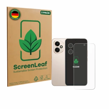 Vorderseite einer Produktverpackung mit dem Markenlogo ScreenLeaf. Daneben ist das Gerät Honor 400 (Display+Kamera) mit dem zu