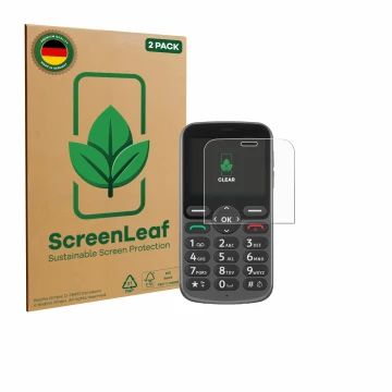 Vorderseite einer Produktverpackung mit dem Markenlogo ScreenLeaf. Daneben ist das Gerät Doro 1380 mit dem zugehörigen Display