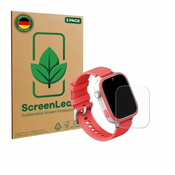 Vorderseite einer Produktverpackung mit dem Markenlogo ScreenLeaf. Daneben ist das Gerät AngelTech Kids Smartwatch Ultra 1.83