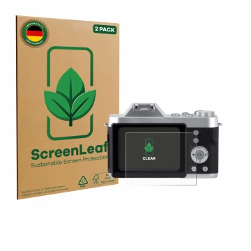 Vorderseite einer Produktverpackung mit dem Markenlogo ScreenLeaf. Daneben ist das Gerät Rollei Powerflex 10x Retro mit dem zu