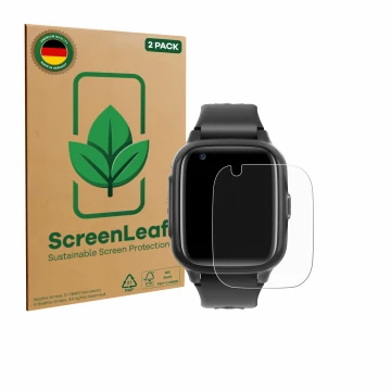 Vorderseite einer Produktverpackung mit dem Markenlogo ScreenLeaf. Daneben ist das Gerät Krostming Kids Smartwatch GPS 4G mit 