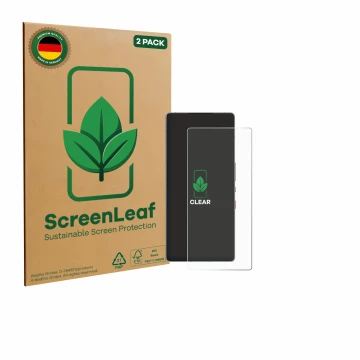 Vorderseite einer Produktverpackung mit dem Markenlogo ScreenLeaf. Daneben ist das Gerät ZTE Nubia Red Magic 10S Pro+ mit dem 