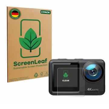 Vorderseite einer Produktverpackung mit dem Markenlogo ScreenLeaf. Daneben ist das Gerät Wolfang GA420 mit dem zugehörigen Dis