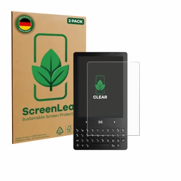 Vorderseite einer Produktverpackung mit dem Markenlogo ScreenLeaf. Daneben ist das Gerät The Minimal Company minimal phone mit