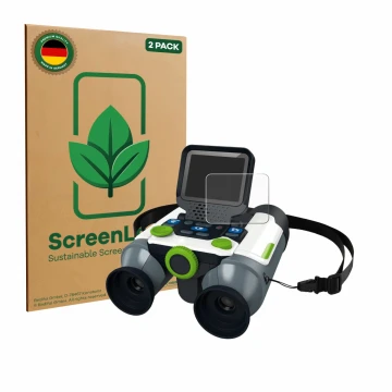 Vorderseite einer Produktverpackung mit dem Markenlogo ScreenLeaf. Daneben ist das Gerät Vtech Interaktives Video-Fernglas mit