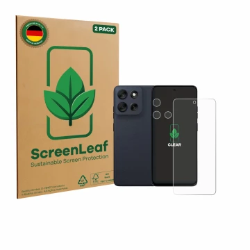 Vorderseite einer Produktverpackung mit dem Markenlogo ScreenLeaf. Daneben ist das Gerät Motorola Moto G56 (Display+Kamera) mi