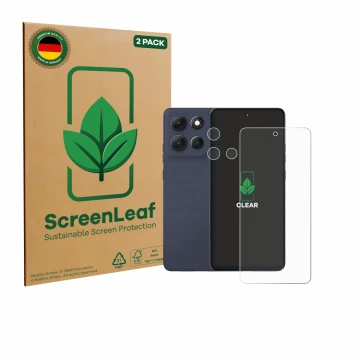 Vorderseite einer Produktverpackung mit dem Markenlogo ScreenLeaf. Daneben ist das Gerät Motorola Moto G86 (Display+Kamera) mi