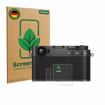 Vorderseite einer Produktverpackung mit dem Markenlogo ScreenLeaf. Daneben ist das Gerät Fujifilm X Half X-HF1 mit dem zugehör
