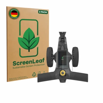 Vorderseite einer Produktverpackung mit dem Markenlogo ScreenLeaf. Daneben ist das Gerät PowaKaddy CT10 mit dem zugehörigen Di