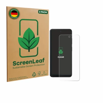 Vorderseite einer Produktverpackung mit dem Markenlogo ScreenLeaf. Daneben ist das Gerät Xplora HMD Fusion X1 mit dem zugehöri