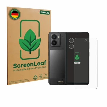 Vorderseite einer Produktverpackung mit dem Markenlogo ScreenLeaf. Daneben ist das Gerät Xplora HMD Fusion X1 (Display+Kamera)