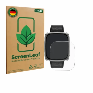Vorderseite einer Produktverpackung mit dem Markenlogo ScreenLeaf. Daneben ist das Gerät Amazfit Active 2 (rechteckig) mit dem