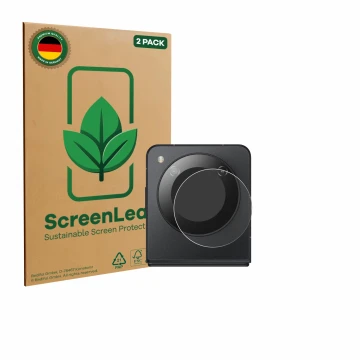 Vorderseite einer Produktverpackung mit dem Markenlogo ScreenLeaf. Daneben ist das Gerät Nubia Flip 5G (NUR Kamera) mit dem zu