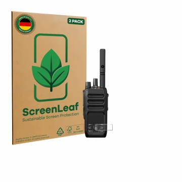 Vorderseite einer Produktverpackung mit dem Markenlogo ScreenLeaf. Daneben ist das Gerät Motorola MOTOTRBO R5 mit dem zugehöri