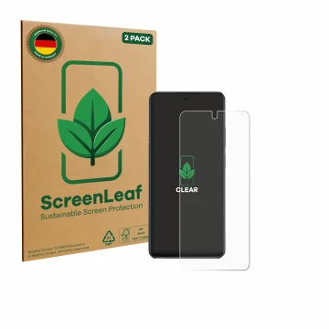 Vorderseite einer Produktverpackung mit dem Markenlogo ScreenLeaf. Daneben ist das Gerät Oppo A40 mit dem zugehörigen Displays