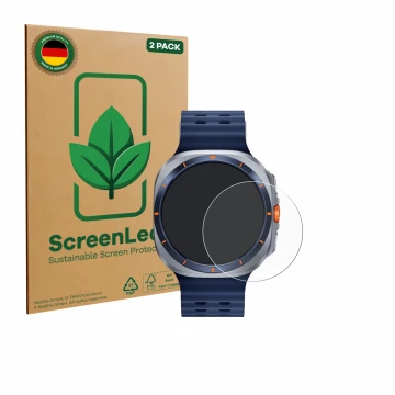 Vorderseite einer Produktverpackung mit dem Markenlogo ScreenLeaf. Daneben ist das Gerät Samsung Galaxy Watch Ultra 2 (47 mm) 