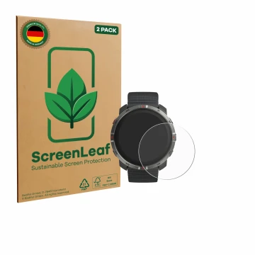 Vorderseite einer Produktverpackung mit dem Markenlogo ScreenLeaf. Daneben ist das Gerät Polar Grit X2 mit dem zugehörigen Dis